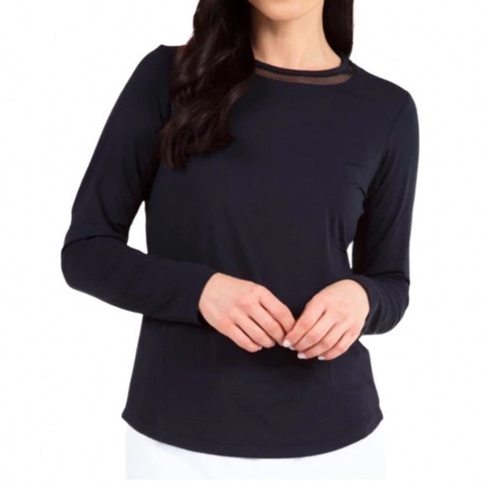 IBKUL Womens Long Sleeve Crew Solid Top Black Mesh Trim UPF 50+ IceFil Small NEW